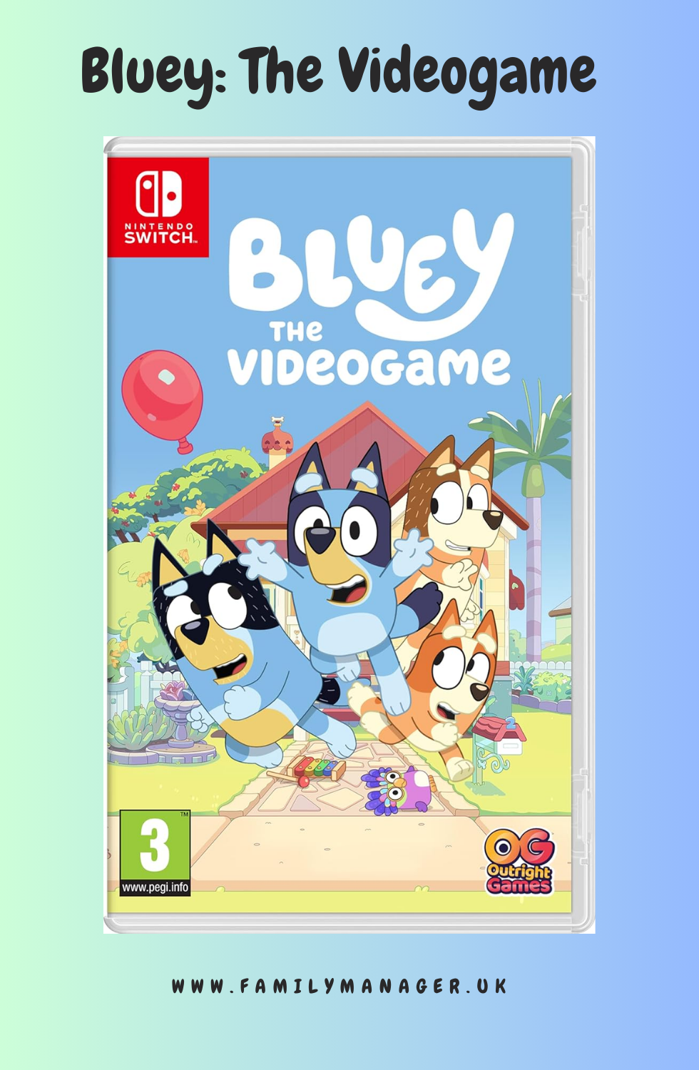 Cover for "Bluey: The Videogame" featuring Bluey and her family in a playful setting.